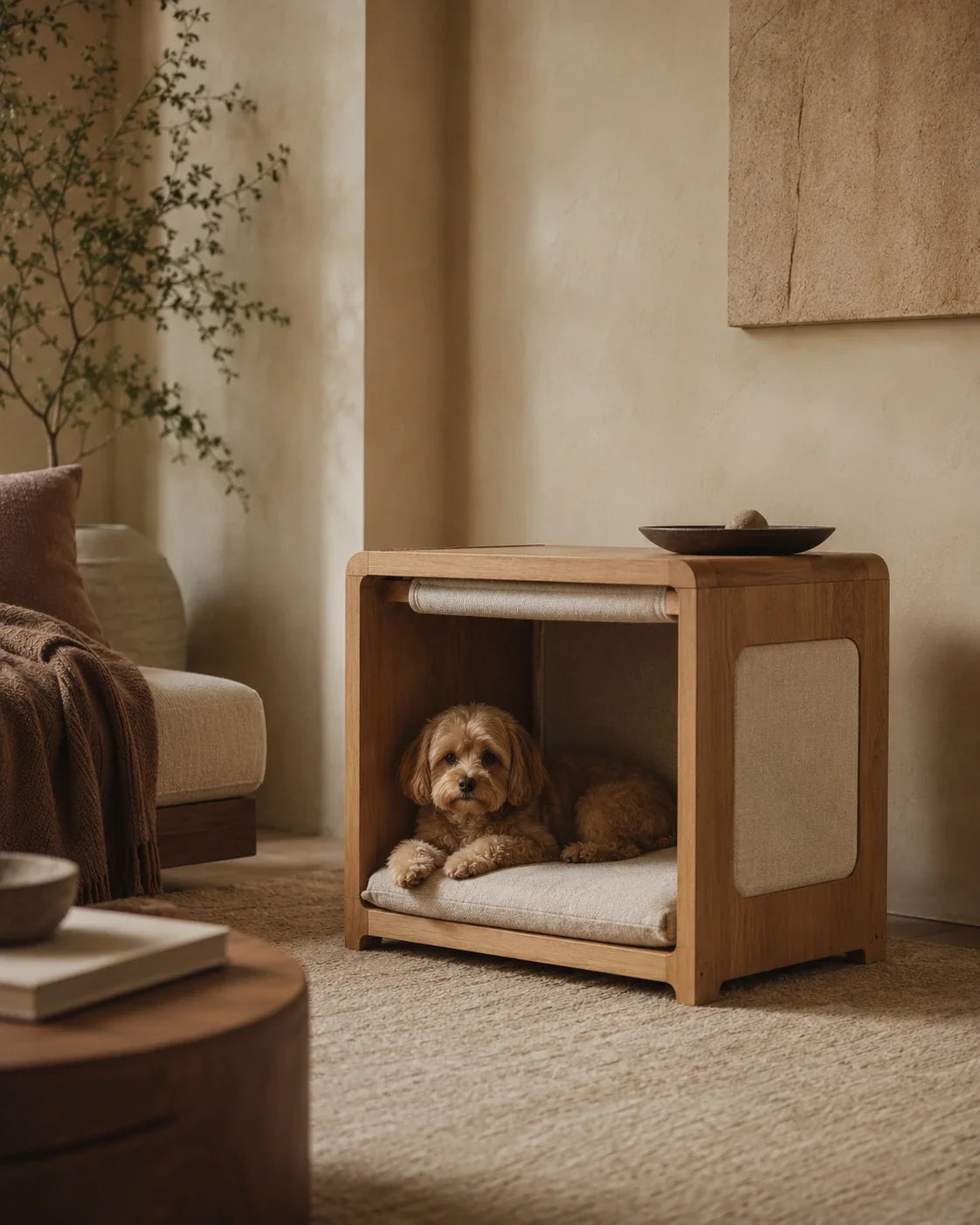 Niche d’intérieur pour chien en bois clair intégrée dans un salon Japandi