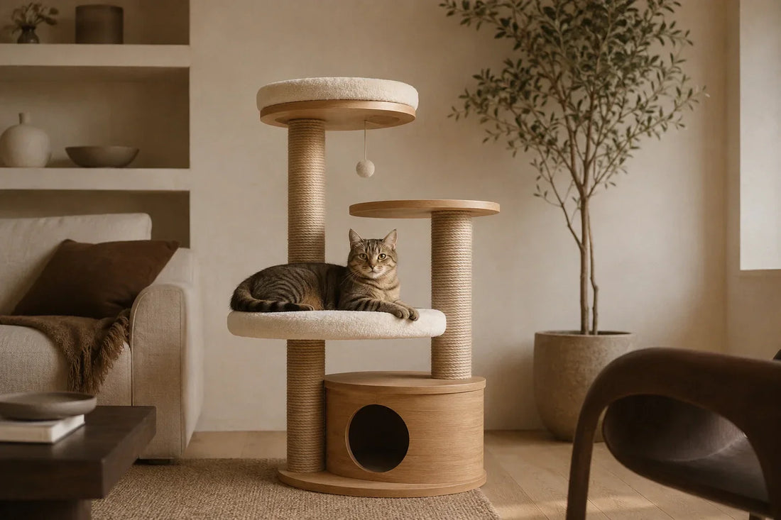 Arbre à chat design en bois clair et bouclé crème dans un salon Japandi chaleureux