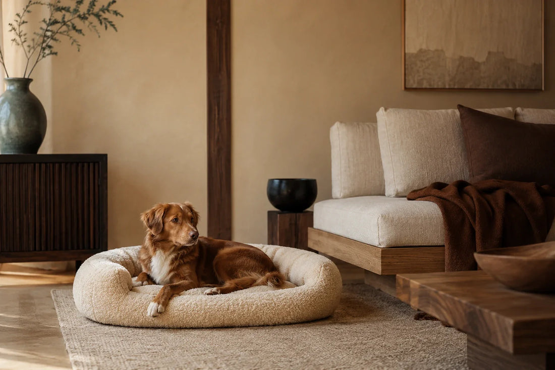 Panier pour chien en bouclé crème intégré dans un salon Japandi chaleureux