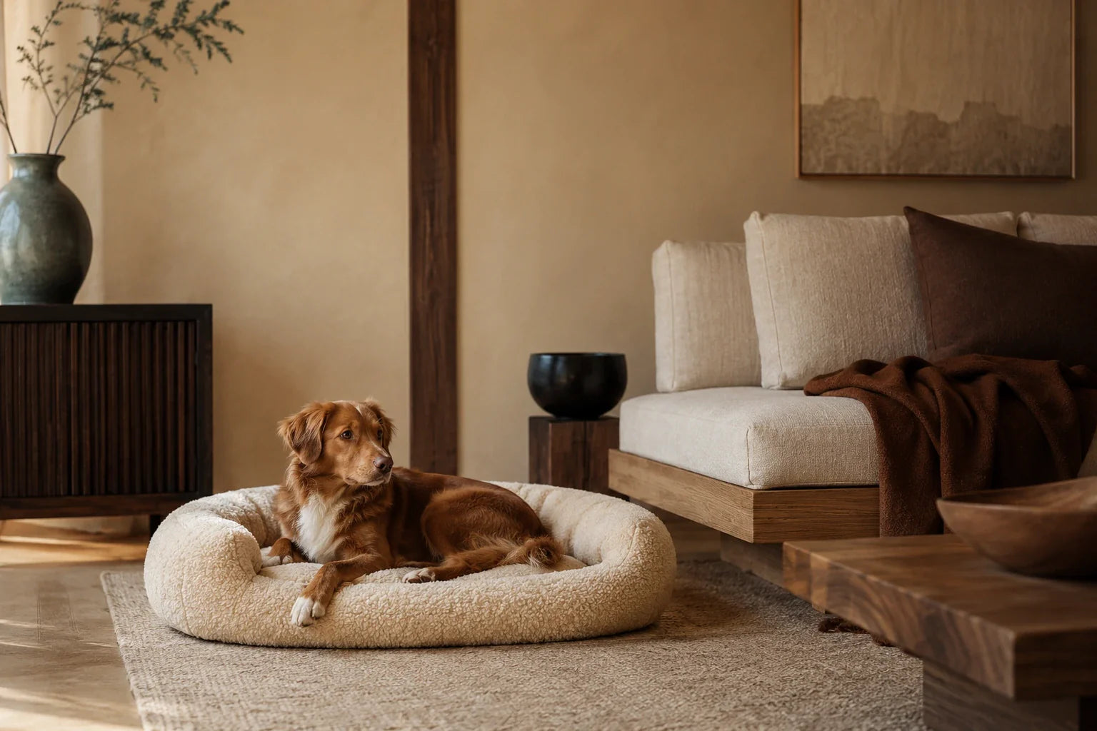 Panier pour chien en bouclé crème intégré dans un salon Japandi chaleureux