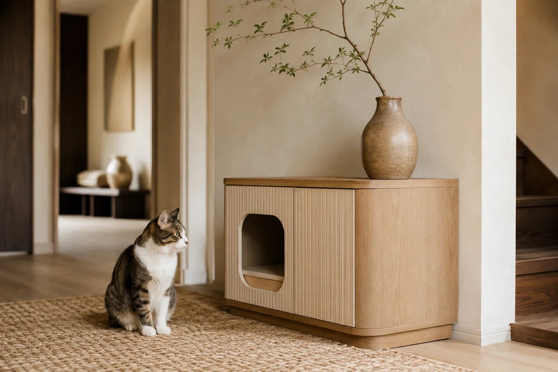 Maison de toilette pour chat en bois clair intégrée discrètement dans un intérieur Japandi