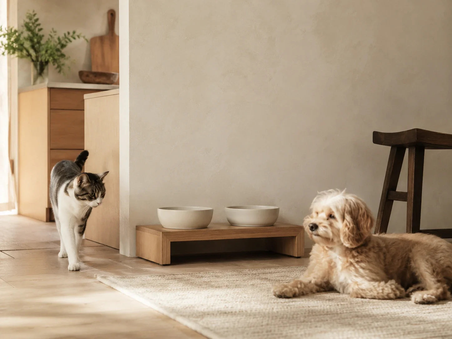 Coin repas pour chat et chien avec gamelles en céramique dans une cuisine Japandi