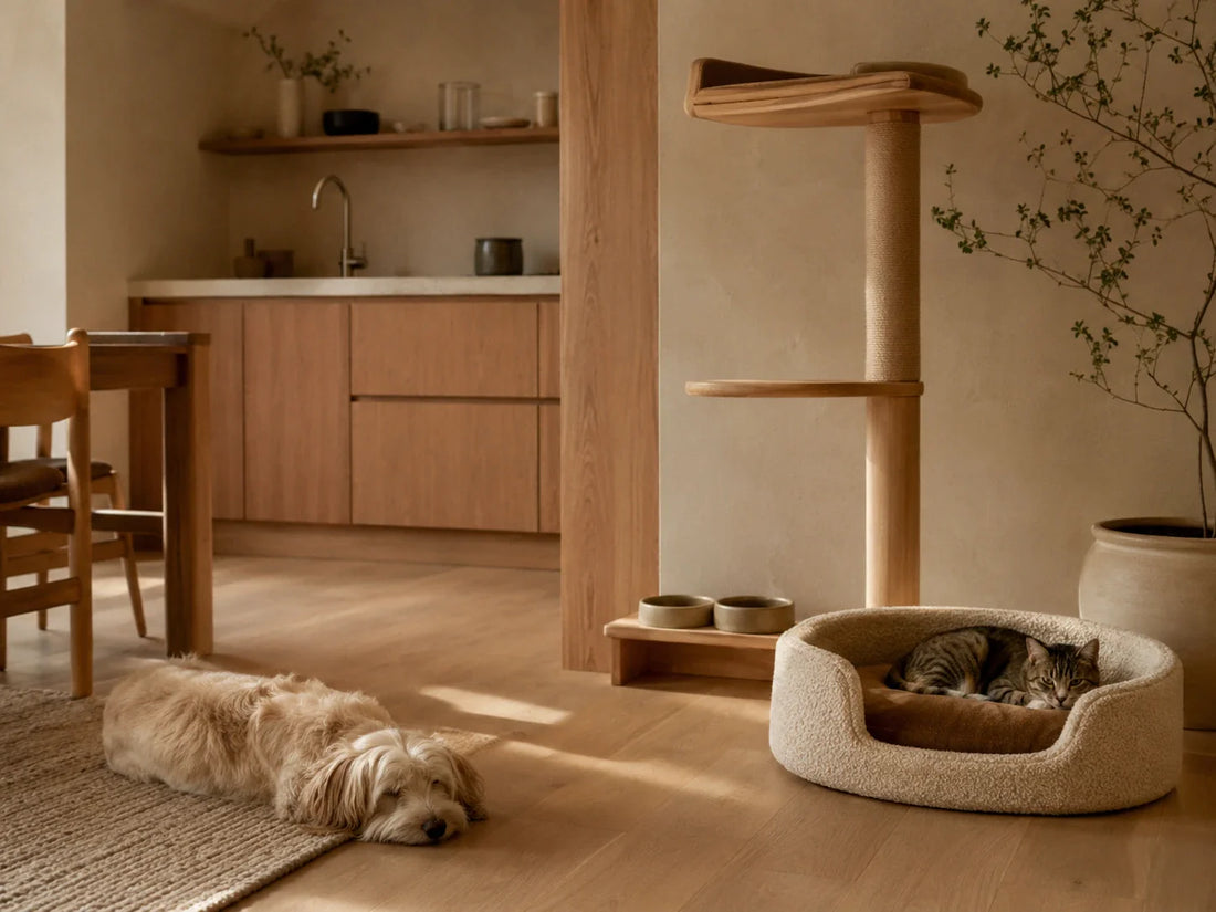 Petit appartement Japandi aménagé avec un couchage pour chien et du mobilier pour chat discret