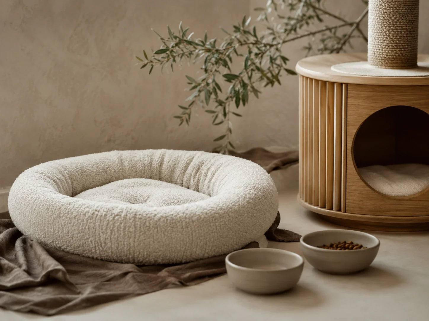 Matières premium bouclé bois clair et céramique pour objets de maison dédiés aux animaux