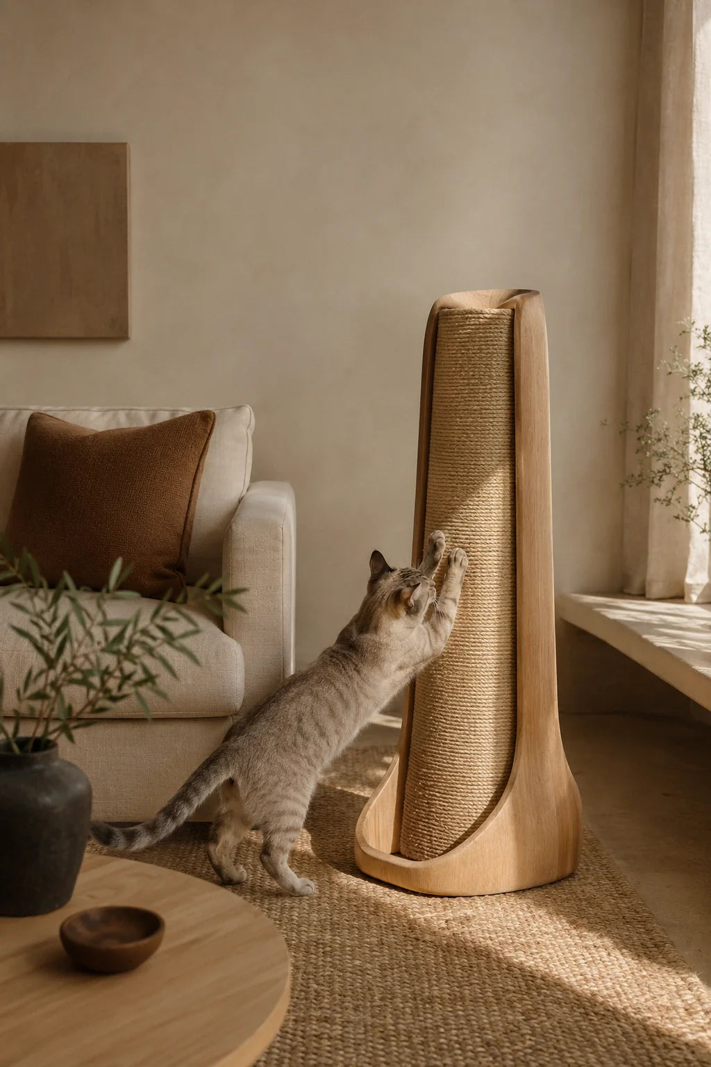 Griffoir pour chat en sisal naturel et bois clair placé près d’un canapé crème