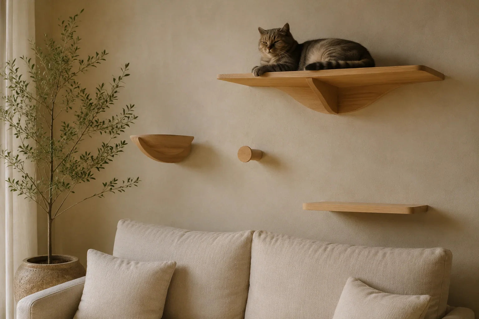 Mobilier mural pour chat en bois clair installé sur un mur plâtre dans un salon Japandi