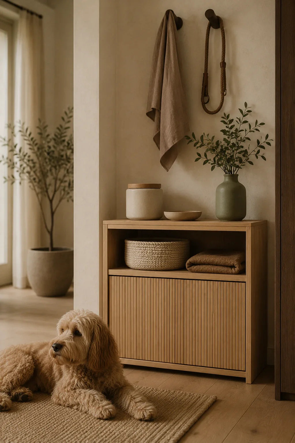 Meuble de rangement pour objets de chat et chien dans une entrée Japandi chaleureuse