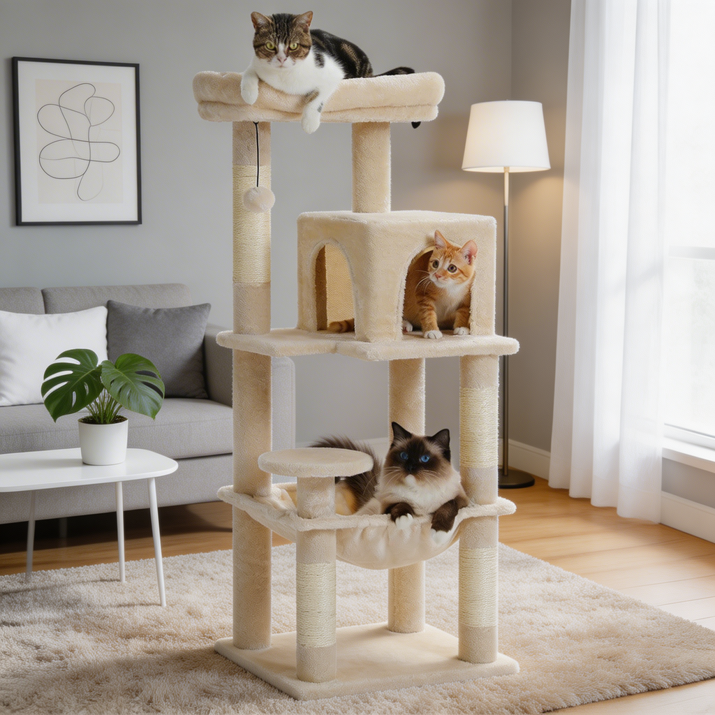 Arbre à chat Siora — Plateformes ouvertes & bois clair 116 cm