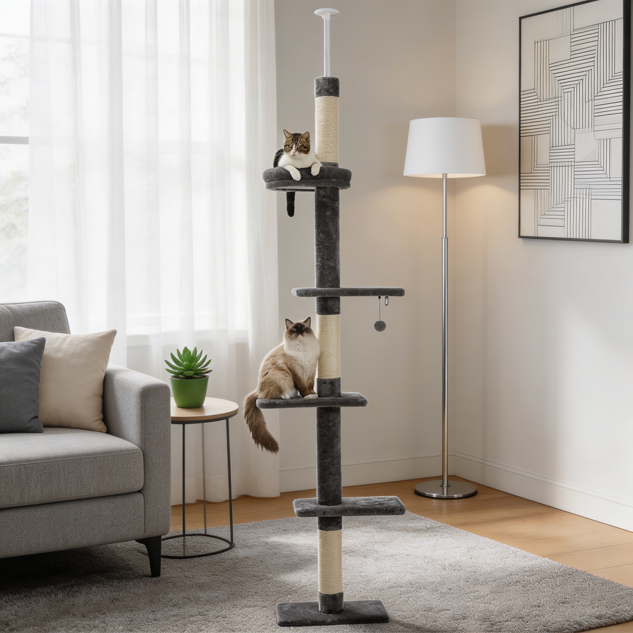 Arbre à chat Veyra — Sol-plafond ajustable & niche douce