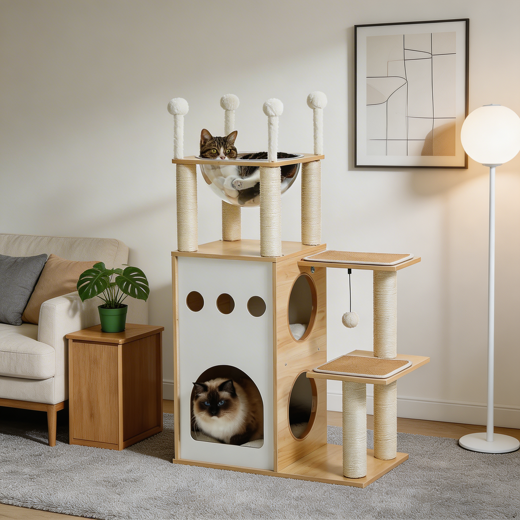 Arbre à chat Naori — Cabane design & capsule transparente