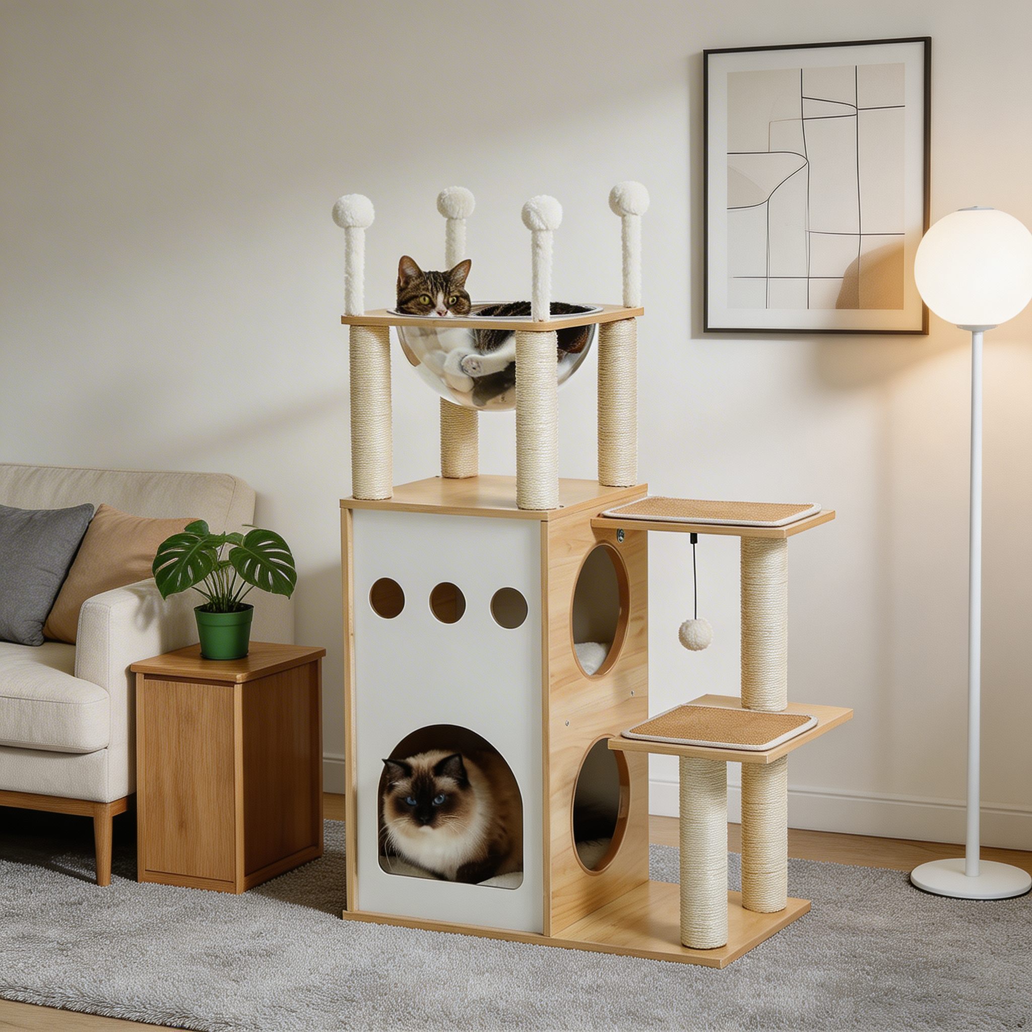 Arbre à chat Naori — Cabane design & capsule transparente