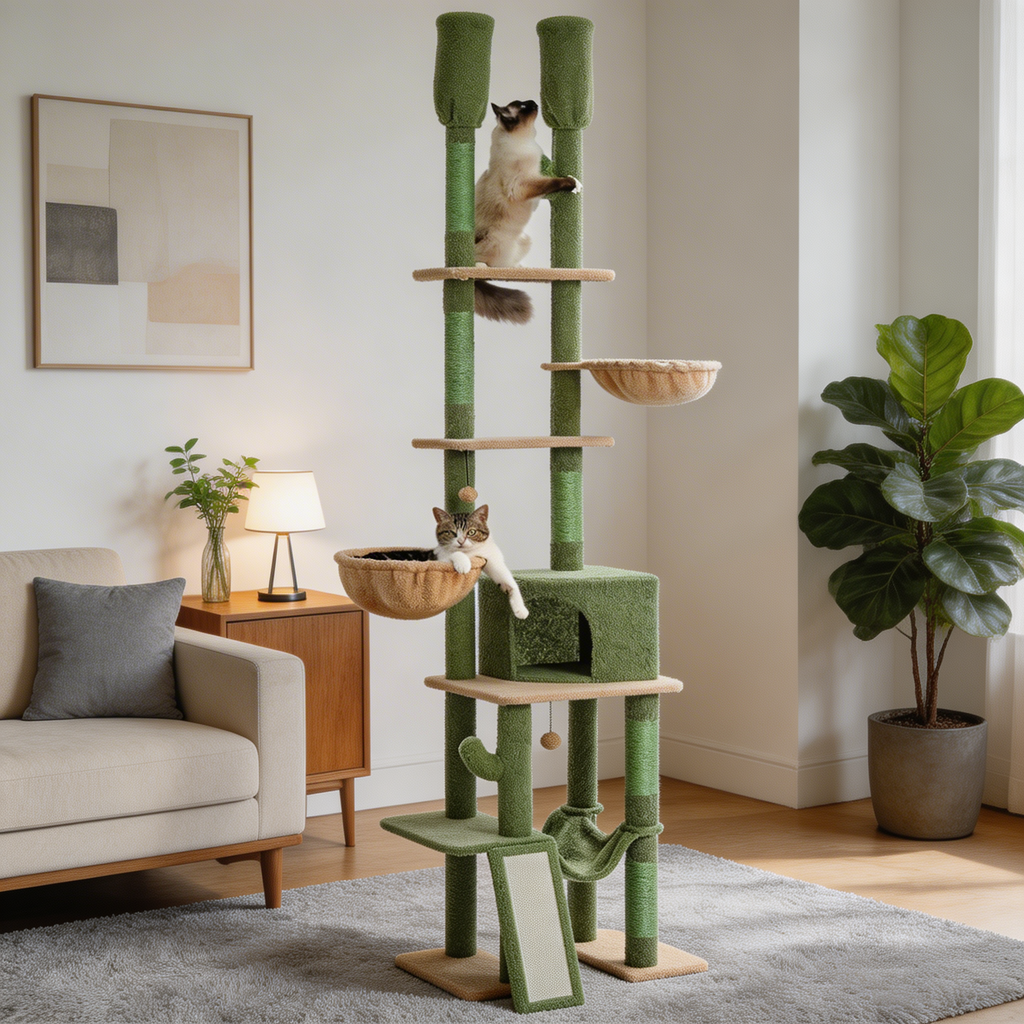 Arbre à chat Lyora — Sol-plafond ajustable & hamac 285 cm