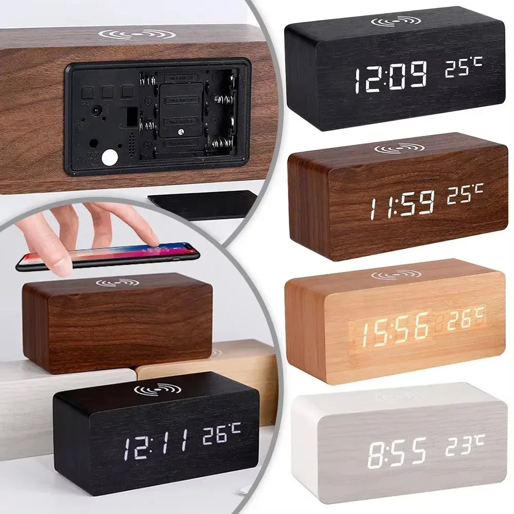 Horloge LED en Bois | Réveil Numérique avec Chargeur Sans Fil Qi | Affichage de Température et Humidité pour un Confort Optimal