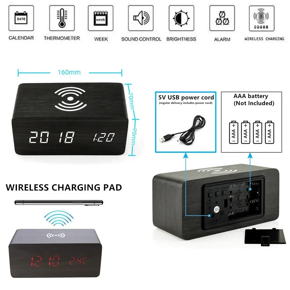 Horloge LED en Bois | Réveil Numérique avec Chargeur Sans Fil Qi | Affichage de Température et Humidité pour un Confort Optimal