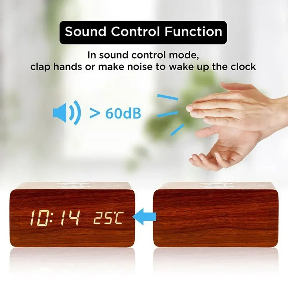 Horloge LED en Bois | Réveil Numérique avec Chargeur Sans Fil Qi | Affichage de Température et Humidité pour un Confort Optimal