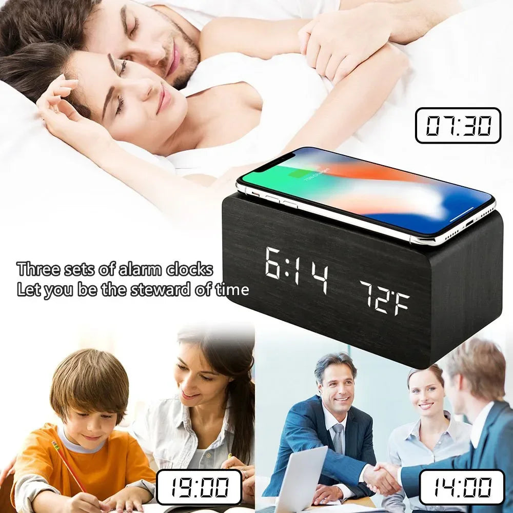 Horloge LED en Bois | Réveil Numérique avec Chargeur Sans Fil Qi | Affichage de Température et Humidité pour un Confort Optimal