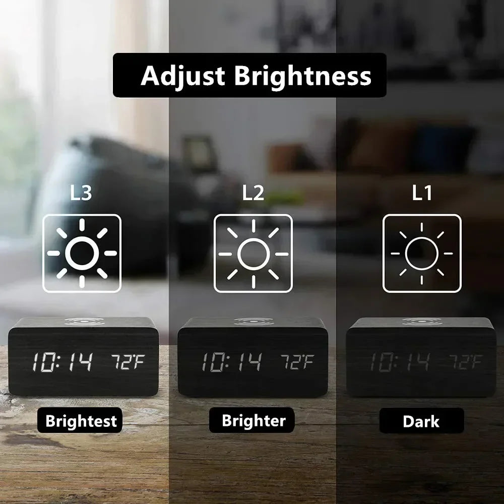 Horloge LED en Bois | Réveil Numérique avec Chargeur Sans Fil Qi | Affichage de Température et Humidité pour un Confort Optimal