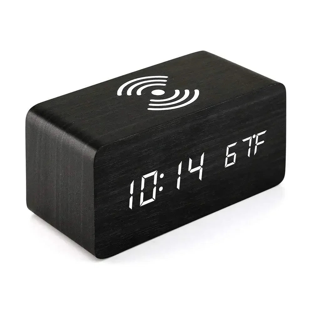 Horloge LED en Bois | Réveil Numérique avec Chargeur Sans Fil Qi | Affichage de Température et Humidité pour un Confort Optimal