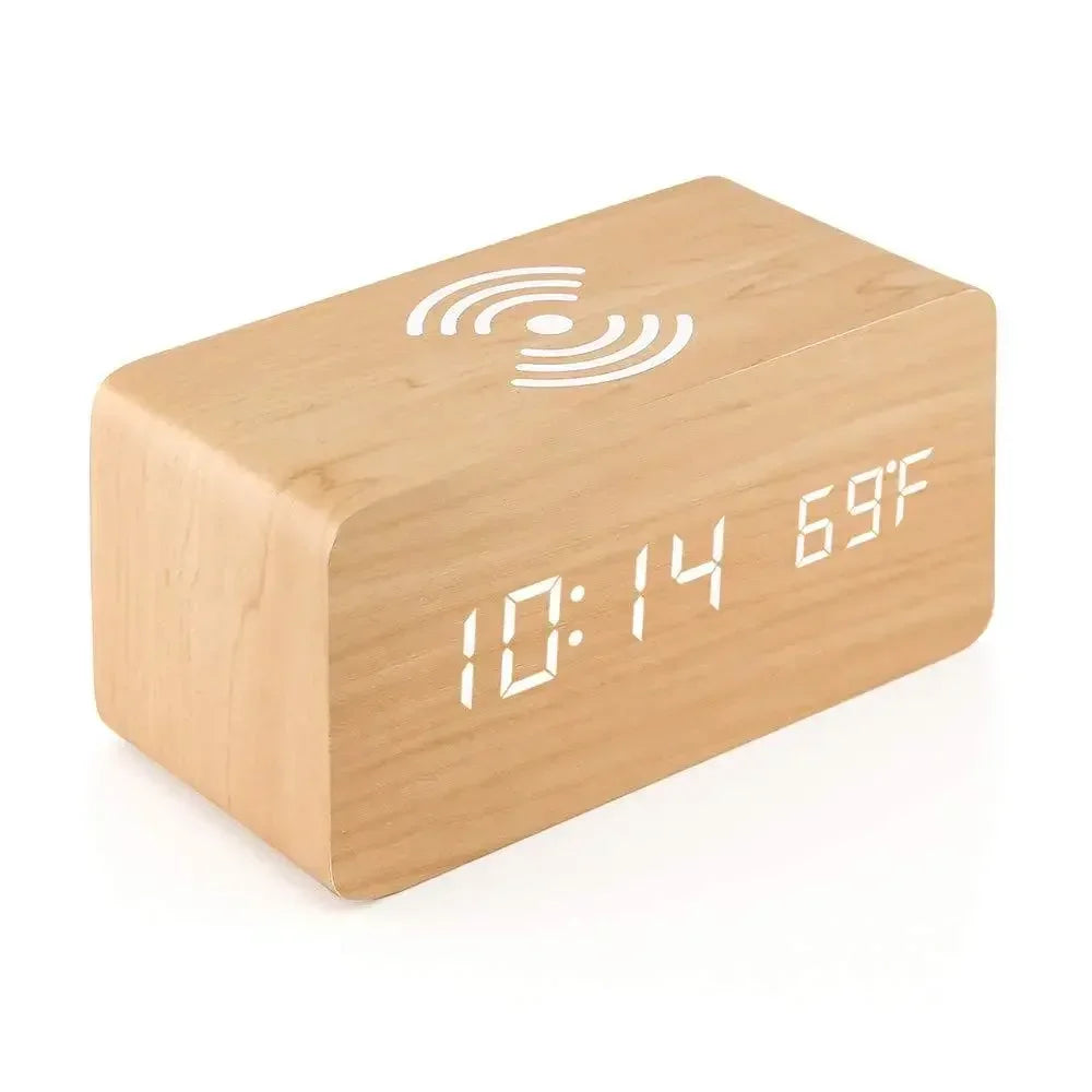 Horloge LED en Bois | Réveil Numérique avec Chargeur Sans Fil Qi | Affichage de Température et Humidité pour un Confort Optimal