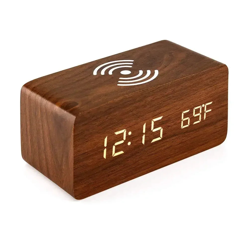 Horloge LED en Bois | Réveil Numérique avec Chargeur Sans Fil Qi | Affichage de Température et Humidité pour un Confort Optimal