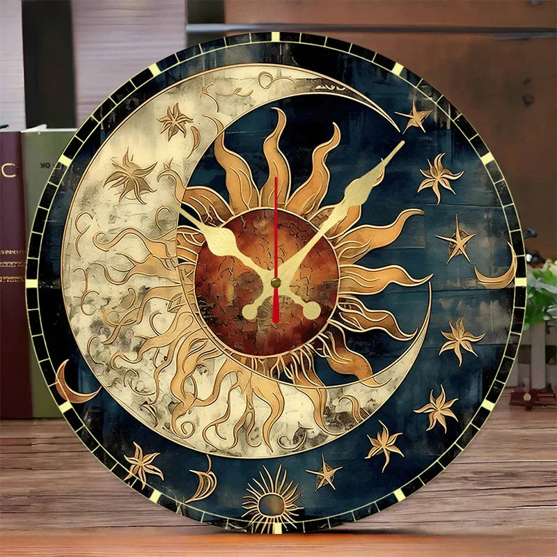 Horloge Murale Design en Bois avec Motif Soleil et Lune | Élégante Décoration Silencieuse pour Salon et Bureau