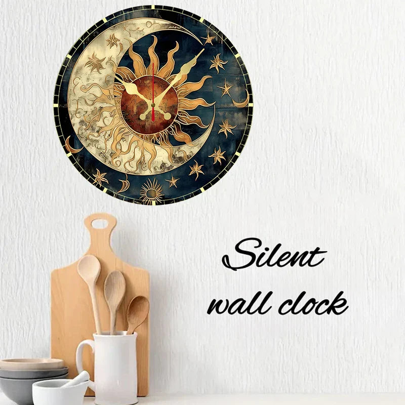 Horloge Murale Design en Bois avec Motif Soleil et Lune | Élégante Décoration Silencieuse pour Salon et Bureau