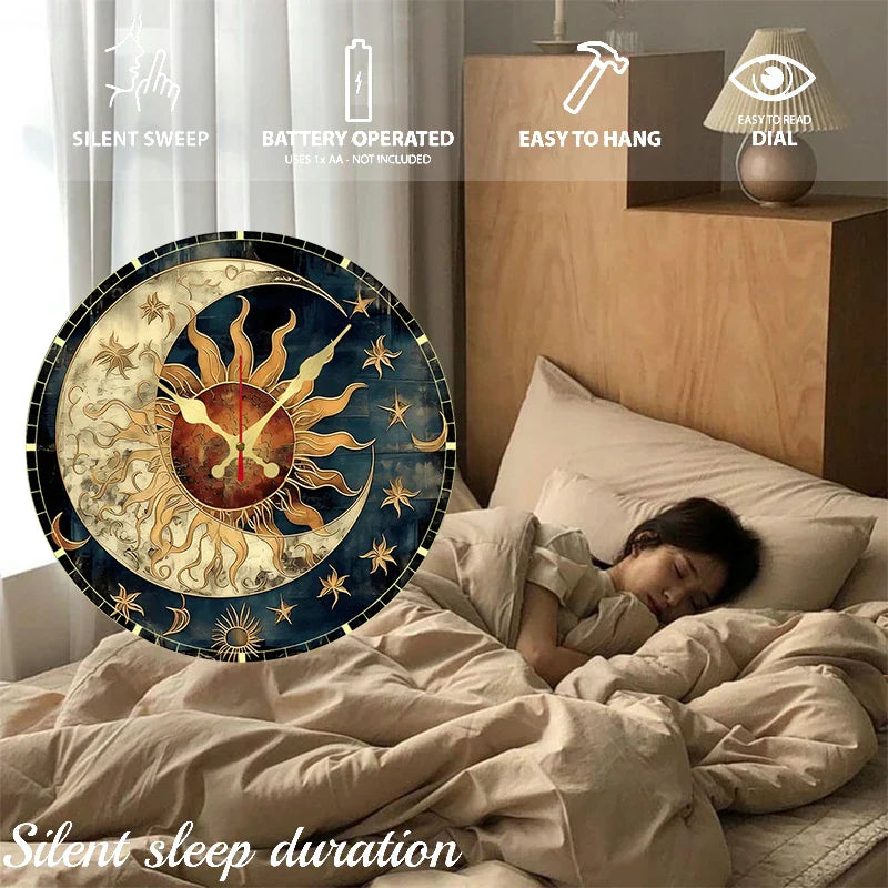 Horloge Murale Design en Bois avec Motif Soleil et Lune | Élégante Décoration Silencieuse pour Salon et Bureau