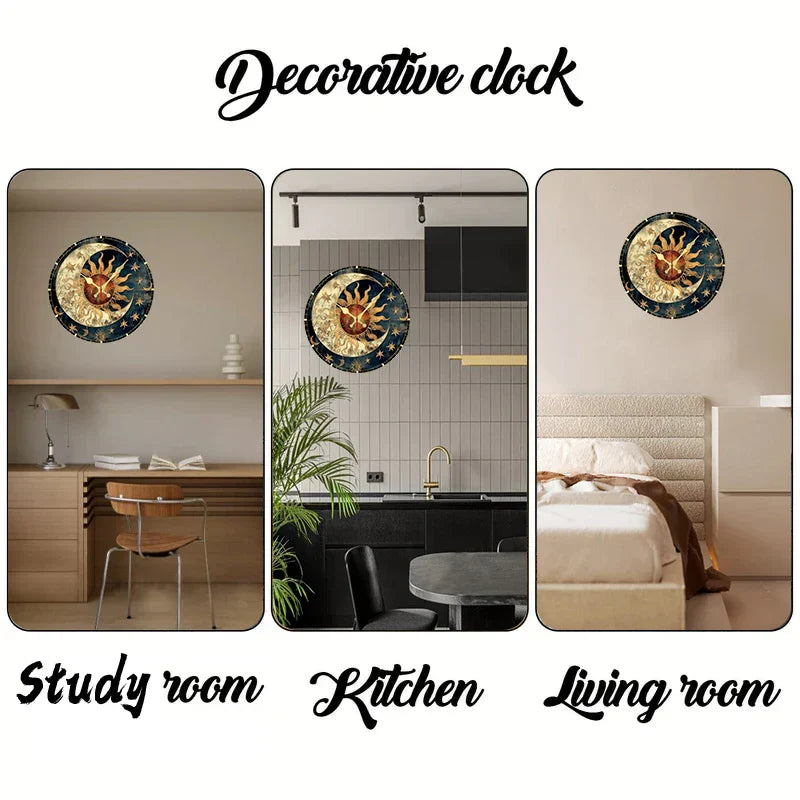 Horloge Murale Design en Bois avec Motif Soleil et Lune | Élégante Décoration Silencieuse pour Salon et Bureau