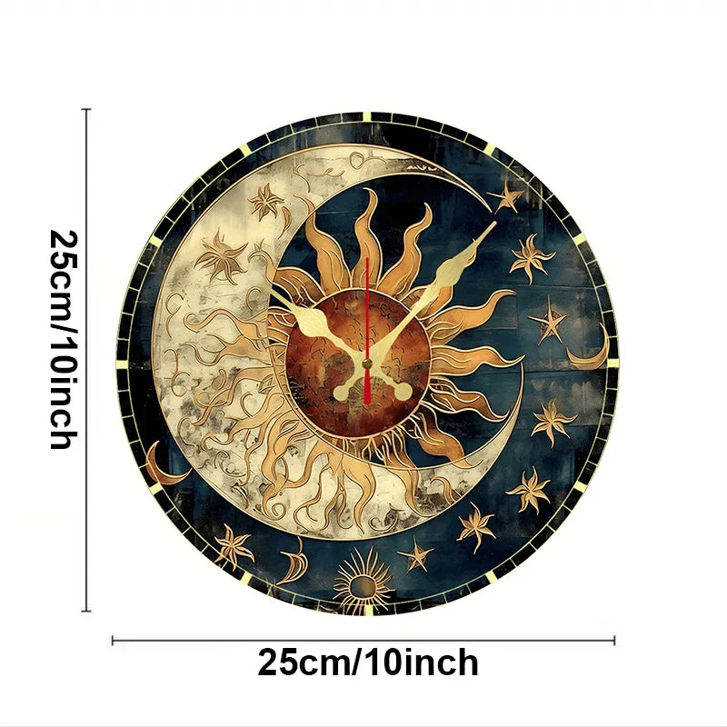 Horloge Murale Design en Bois avec Motif Soleil et Lune | Élégante Décoration Silencieuse pour Salon et Bureau