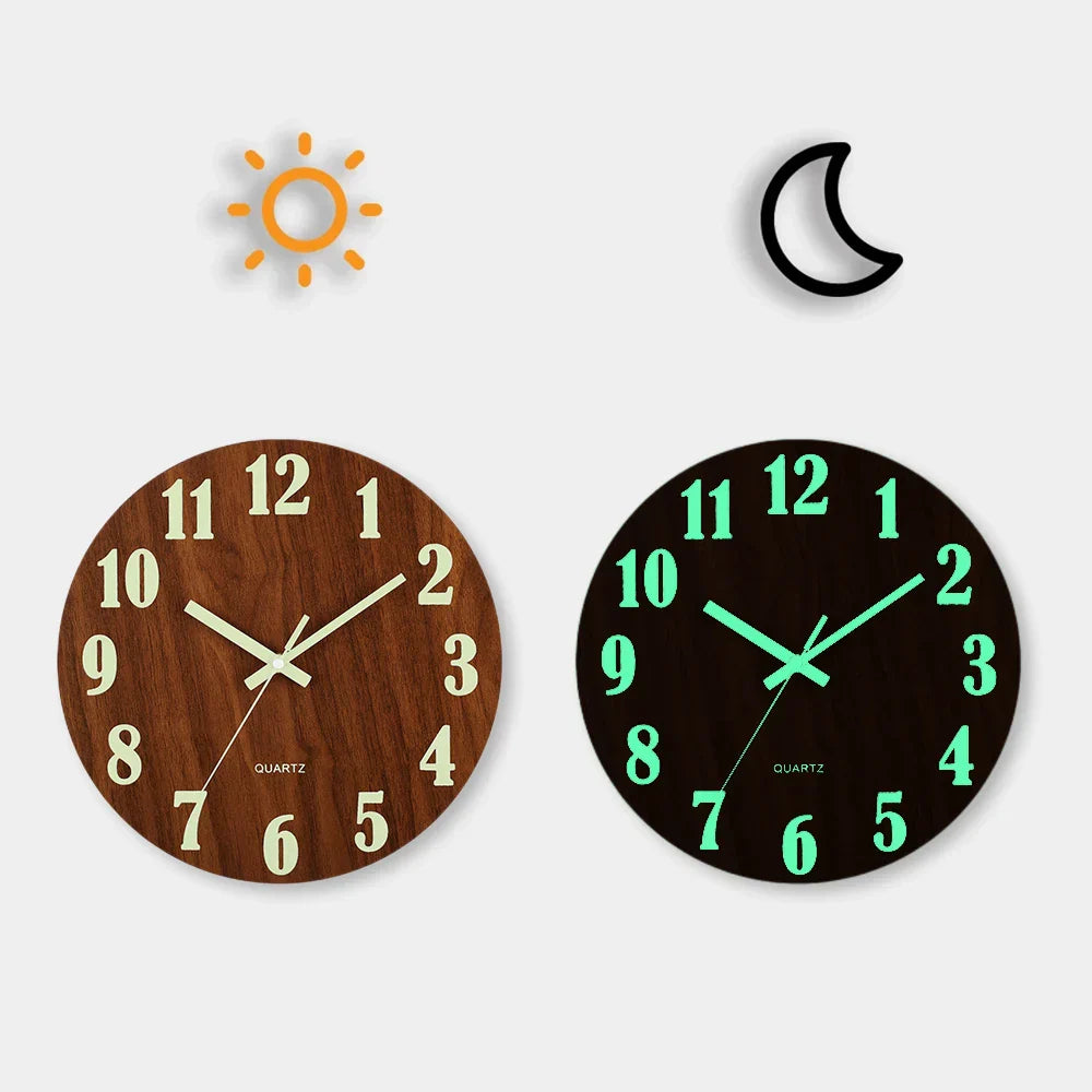 Horloge Murale Design en Bois de 12 Pouces avec Veilleuse Silencieuse | Style Nordique pour Décoration Moderne
