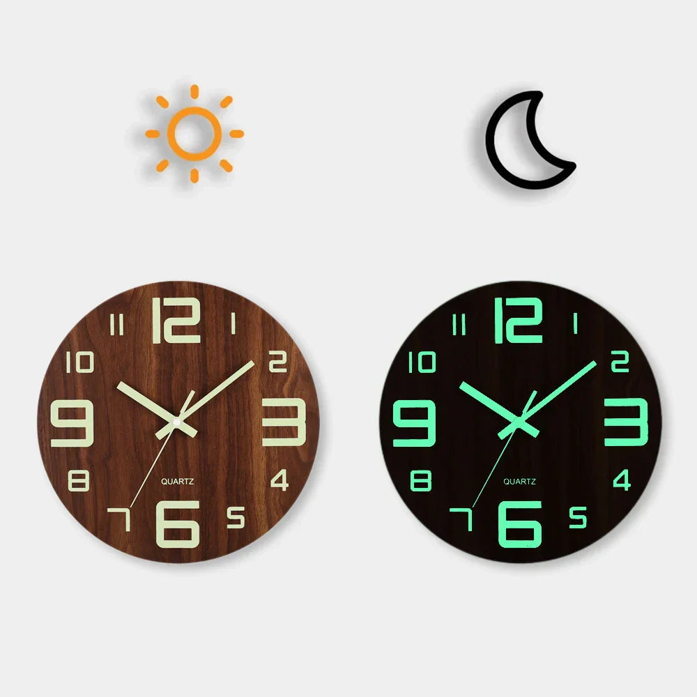 Horloge Murale Design en Bois de 12 Pouces avec Veilleuse Silencieuse | Style Nordique pour Décoration Moderne