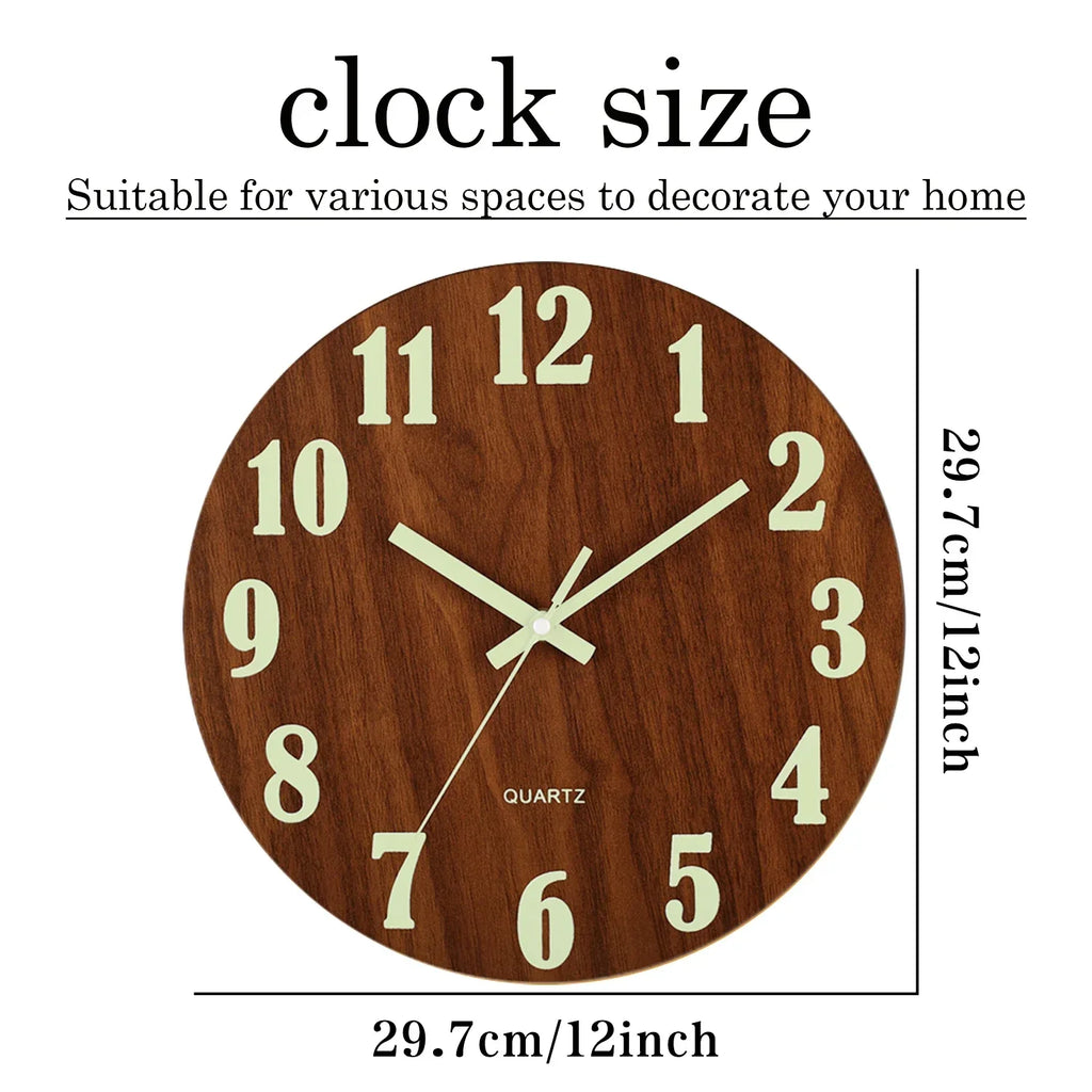 Horloge Murale Design en Bois de 12 Pouces avec Veilleuse Silencieuse | Style Nordique pour Décoration Moderne