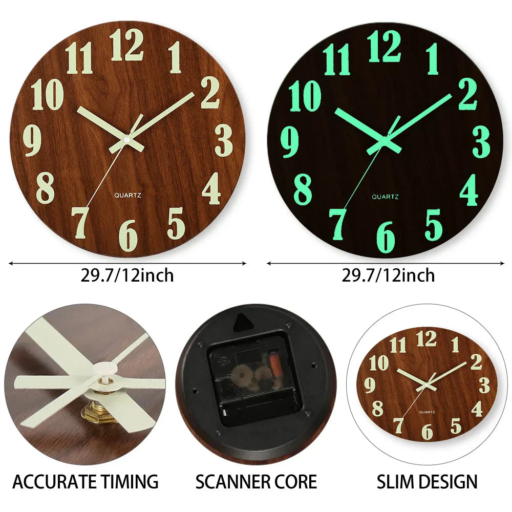 Horloge Murale Design en Bois de 12 Pouces avec Veilleuse Silencieuse | Style Nordique pour Décoration Moderne