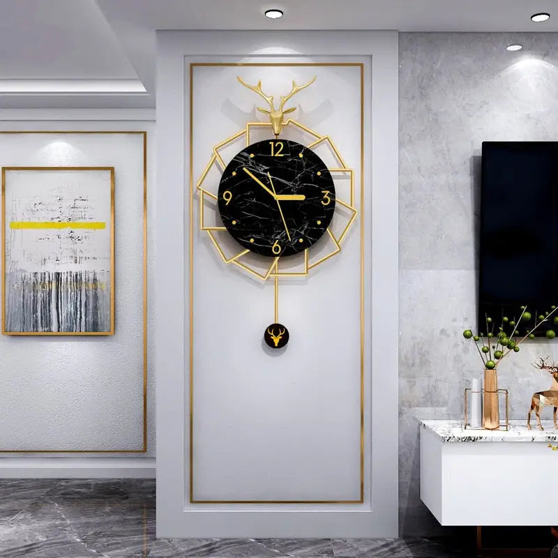 Horloge Murale Luxe Cerf Doré et Marbre Noir