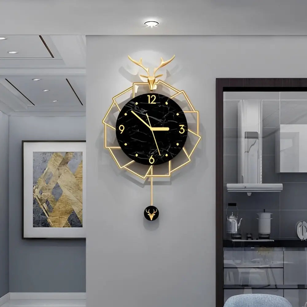 Horloge Murale Luxe Cerf Doré et Marbre Noir