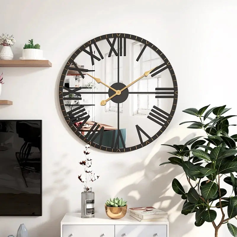Horloge Murale Miroir Noir et Or