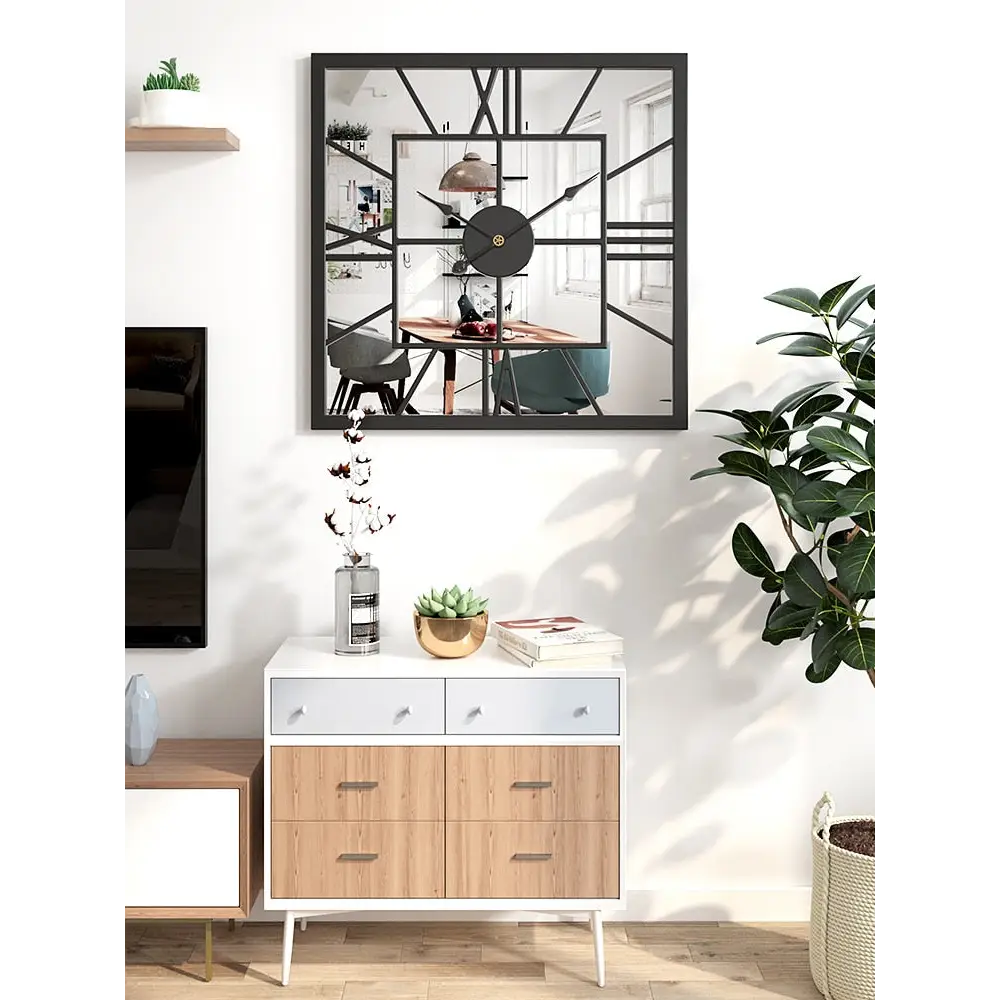 QUADRA - Grande horloge murale carree miroir
