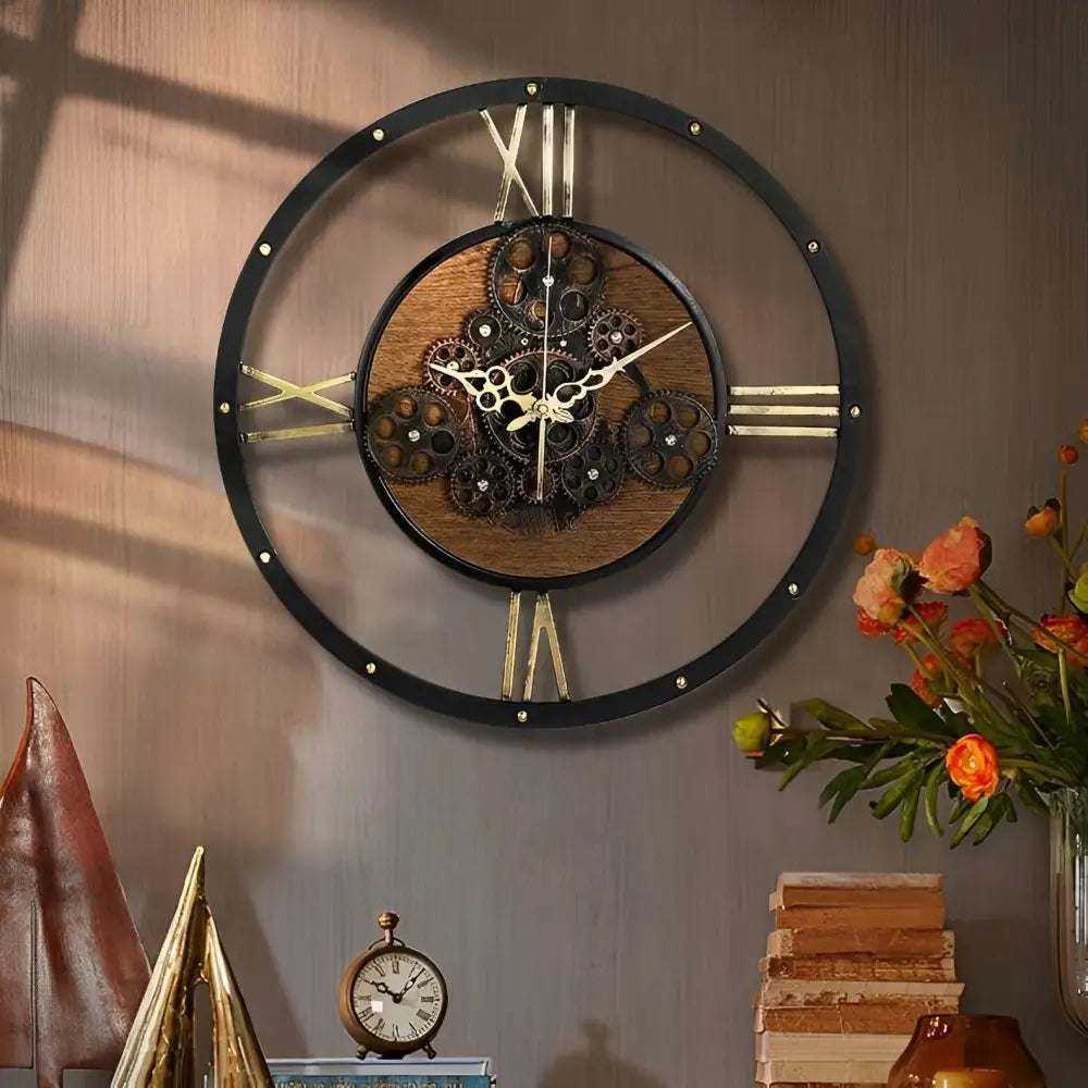 Horloge Murale Engrenages Vintage Métal & Bois