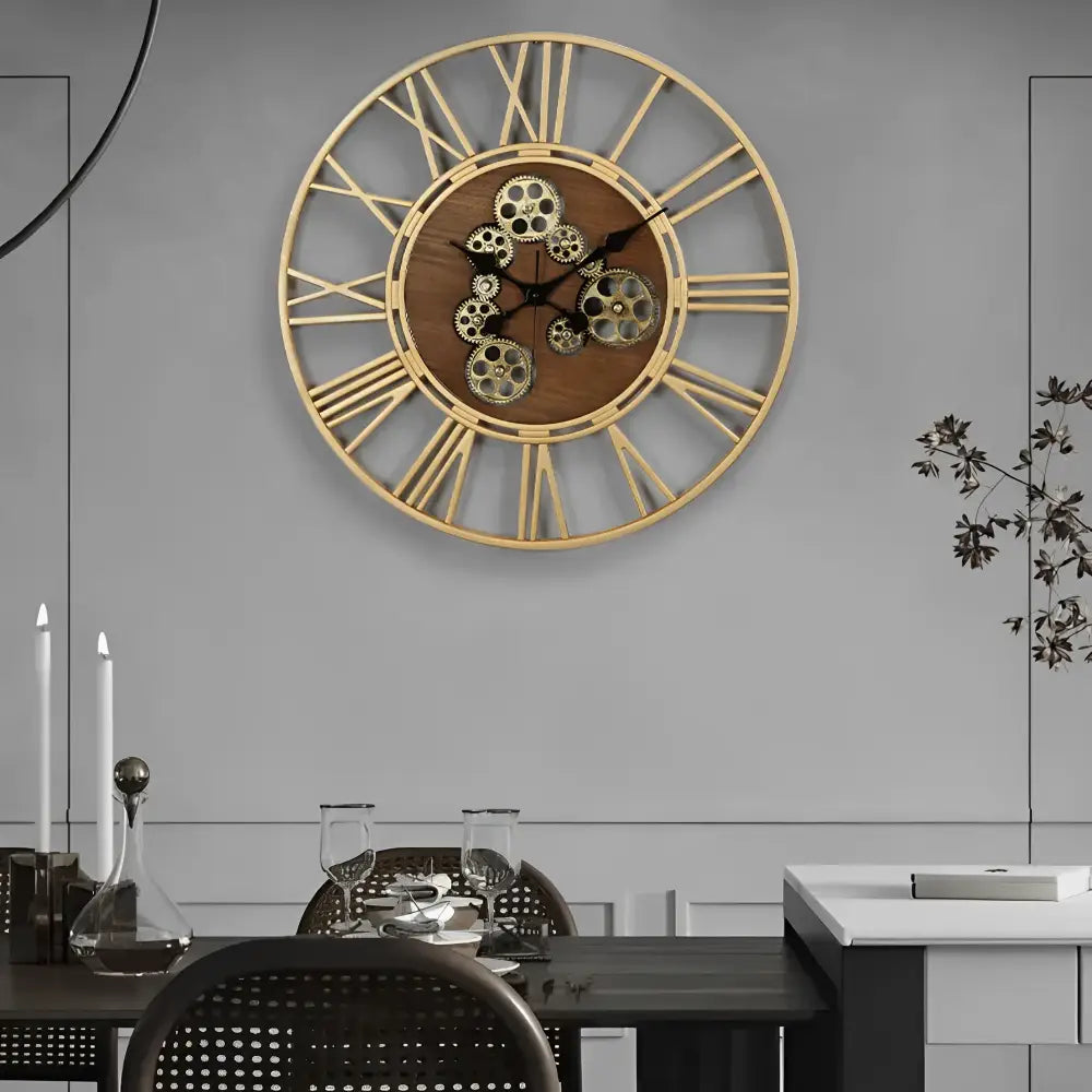 ATELIER - Horloge murale bois et engrenages