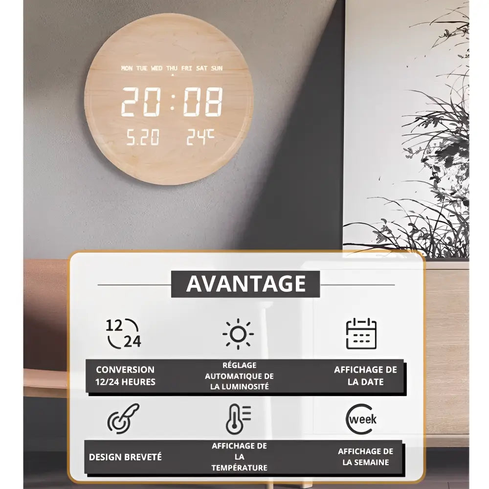 WOODLINE - Horloge murale design LED 30 cm