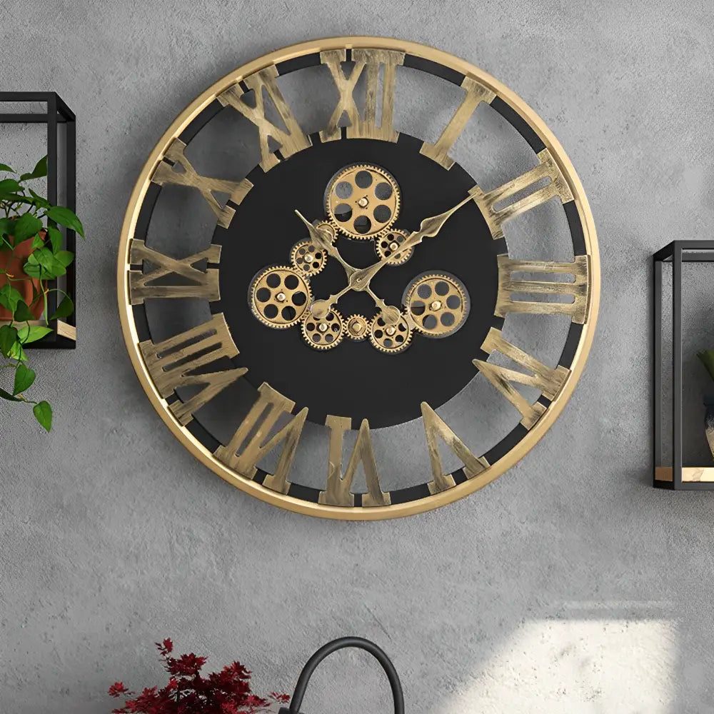 Horloge Murale Engrenage Tournant Dorée