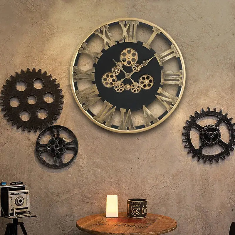 Horloge Murale Engrenage Tournant Dorée