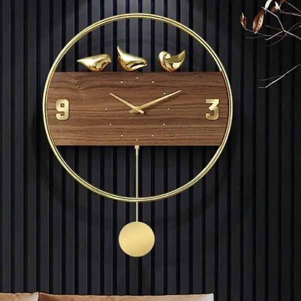 Pendule Murale Design Oiseaux Dorés
