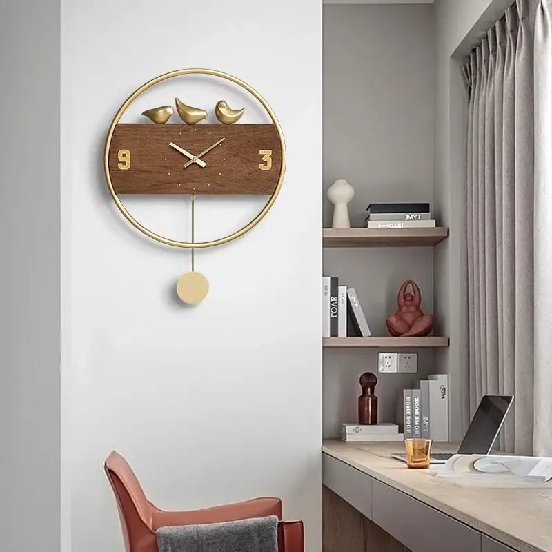 Pendule Murale Design Oiseaux Dorés