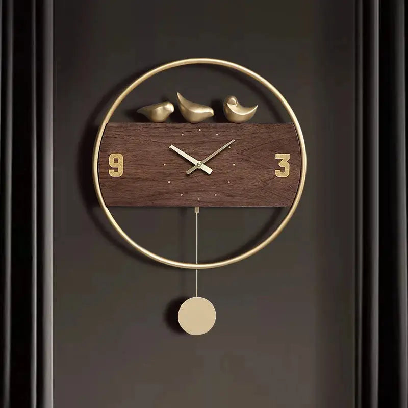 Pendule Murale Design Oiseaux Dorés