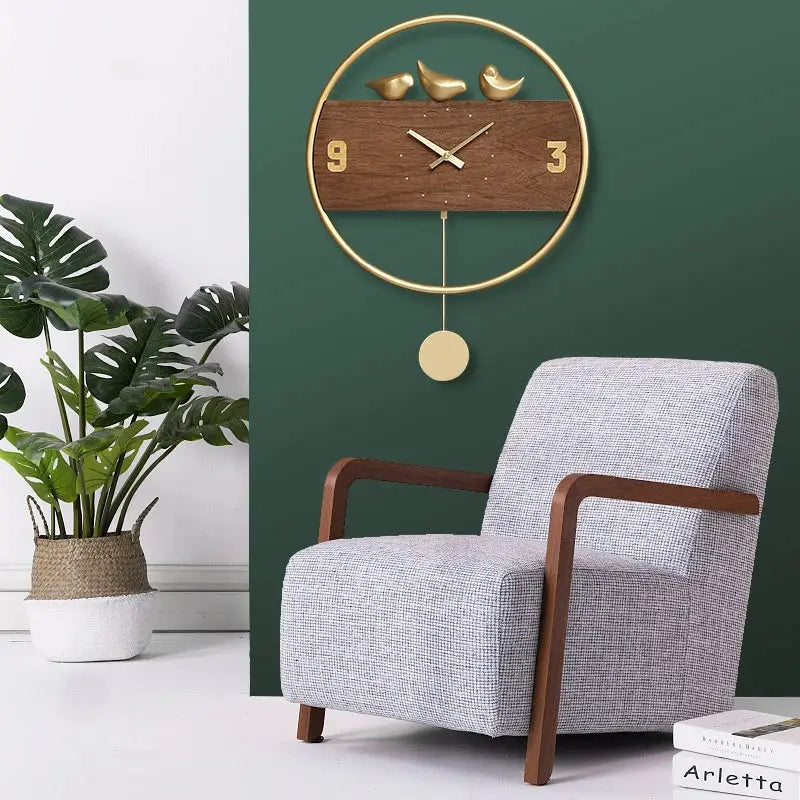 Pendule Murale Design Oiseaux Dorés