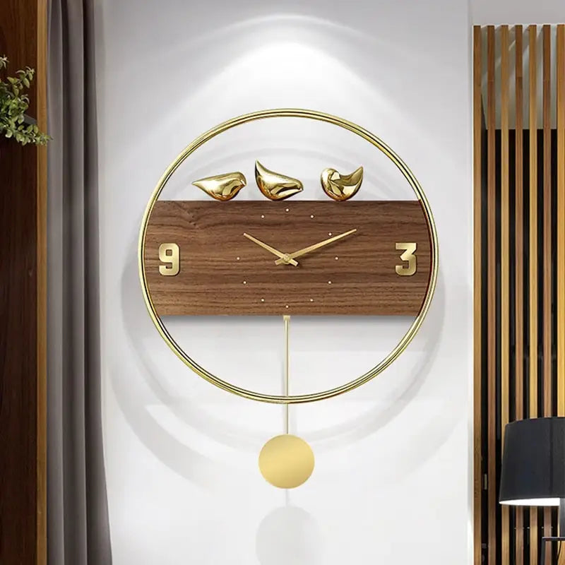 Pendule Murale Design Oiseaux Dorés
